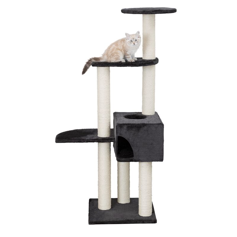 Cat tree with multiple levels, sisal posts and a cave. A beige cat is sitting on the middle platform.