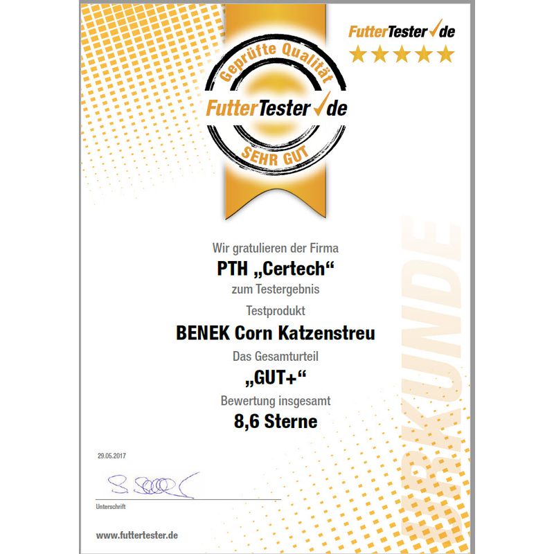 Certificate from FutterTester.de: BENEK Corn cat litter, overall grade 'GOOD+', rating 8.6 stars. Issued for PTH 'Certech' on 29/05/2017.