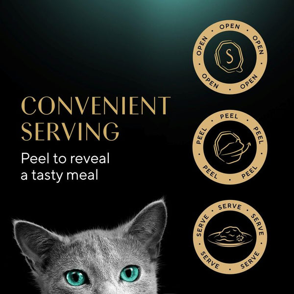 Instructions: Open the packaging, peel off the film, and serve the meal. Text: Convenient Serving, Peel to reveal a tasty meal.