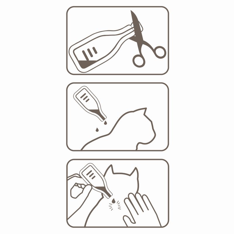 Step-by-step instructions: cut open pipette, apply drops to animal’s neck, and part fur to ensure liquid contacts skin.