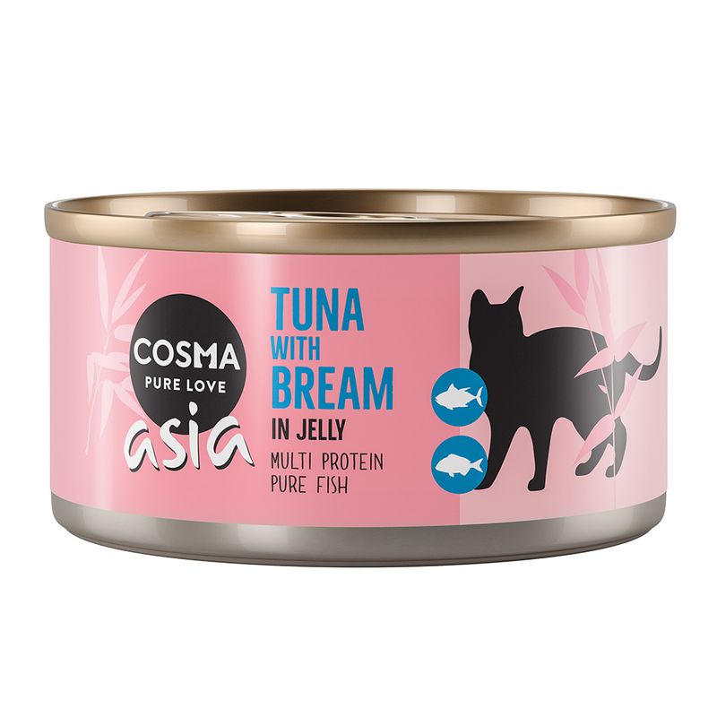 Cosma Asia Pure Love. Tuna with bream in jelly. Multi protein, pure fish. Cat silhouette and fish symbols on pink background.