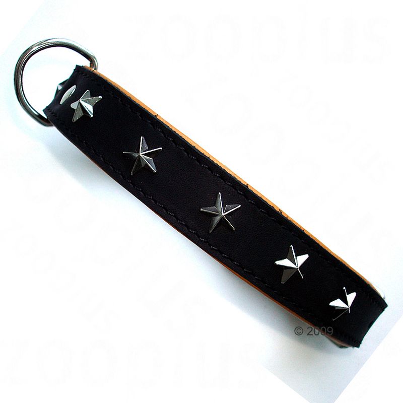 Black leather collar with metal star-shaped studs and a metal ring for attaching a lead, shown close up to display details.