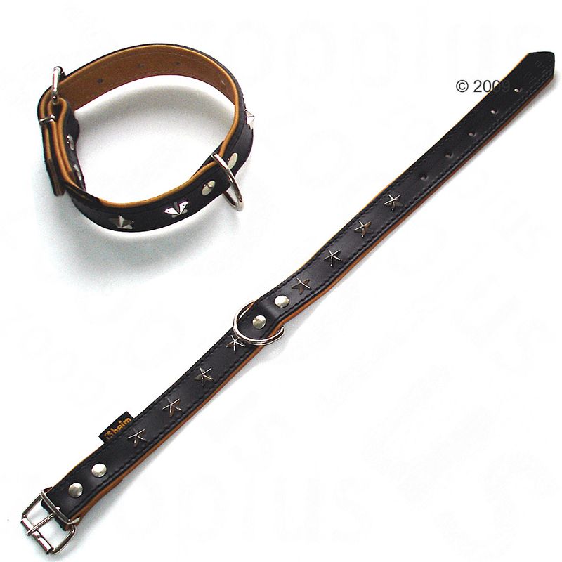 Black leather collar with metal studs and adjustable buckle, shown both fastened and unfastened to display design and fastening method.