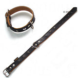 Black leather collar with metal studs and adjustable buckle, shown both fastened and unfastened to display design and fastening method.
