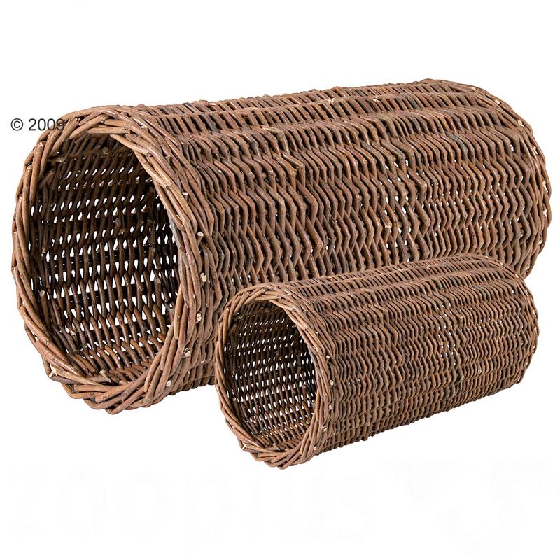 Two woven wicker tunnels, one large and one small, shown side by side. Both are cylindrical with open ends and visible natural wood texture.