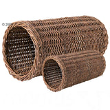 Two woven wicker tunnels, one large and one small, shown side by side. Both are cylindrical with open ends and visible natural wood texture.