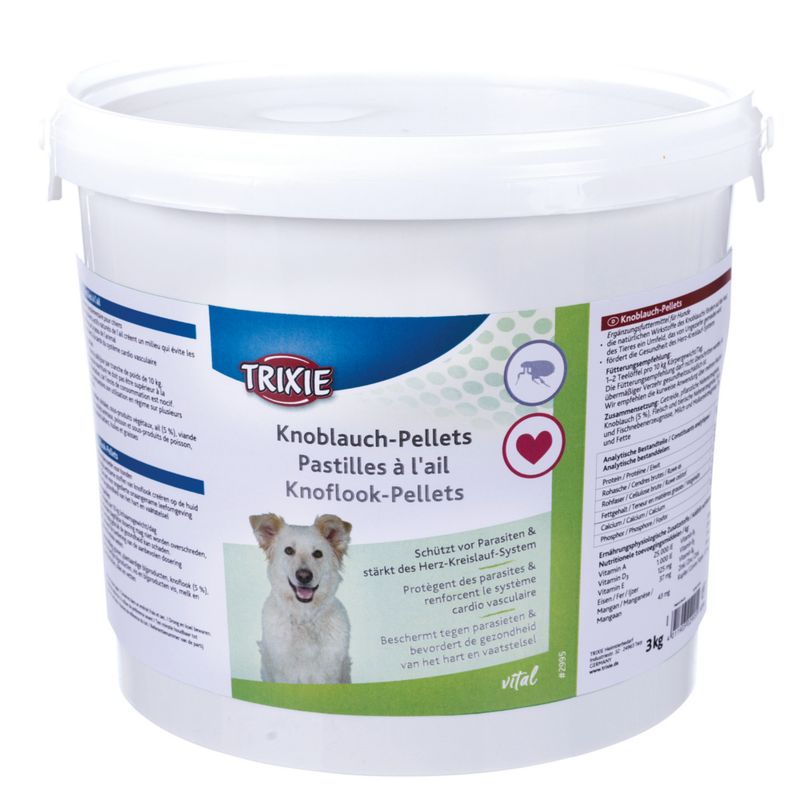 Trixie garlic pellets, protects against parasites and supports the cardiovascular system. Vital, 3kg bucket. Product description visible in German, French and Dutch.