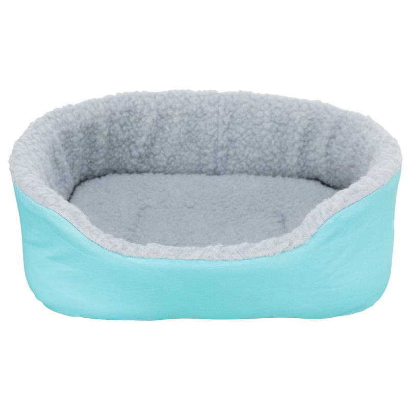 Oval pet bed with light blue outer surface and grey, soft plush inner lining.