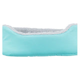 Light blue bed with soft white inner padding. Rectangular shape visible.