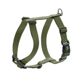 Green adjustable harness with click fastener and metal ring, suitable for pets. Material: nylon.