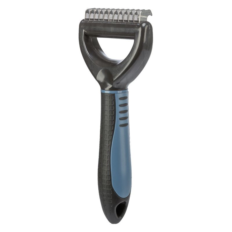 Detangling comb with ergonomic handle and metal teeth, suitable for removing mats from fur.