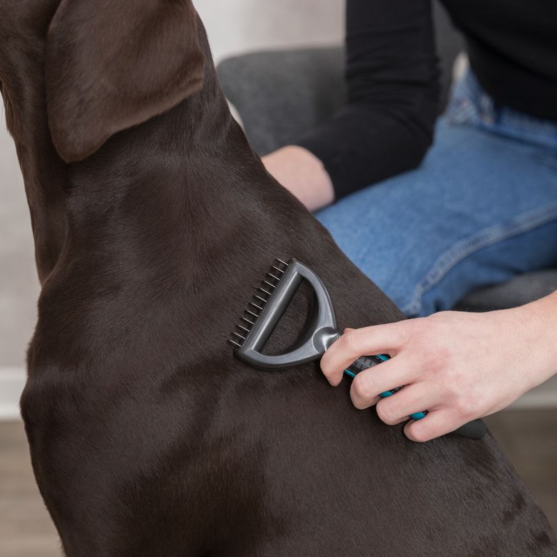 Person grooming a dog's coat with a black grooming tool. Focus on the use of the tool for coat care.