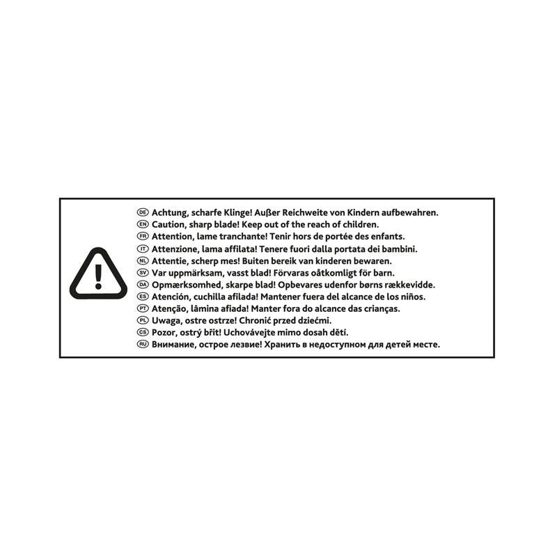 Attention, sharp blade! Keep out of reach of children. Warning notice in multiple languages with caution symbol.