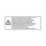 Attention, sharp blade! Keep out of reach of children. Warning notice in multiple languages with caution symbol.