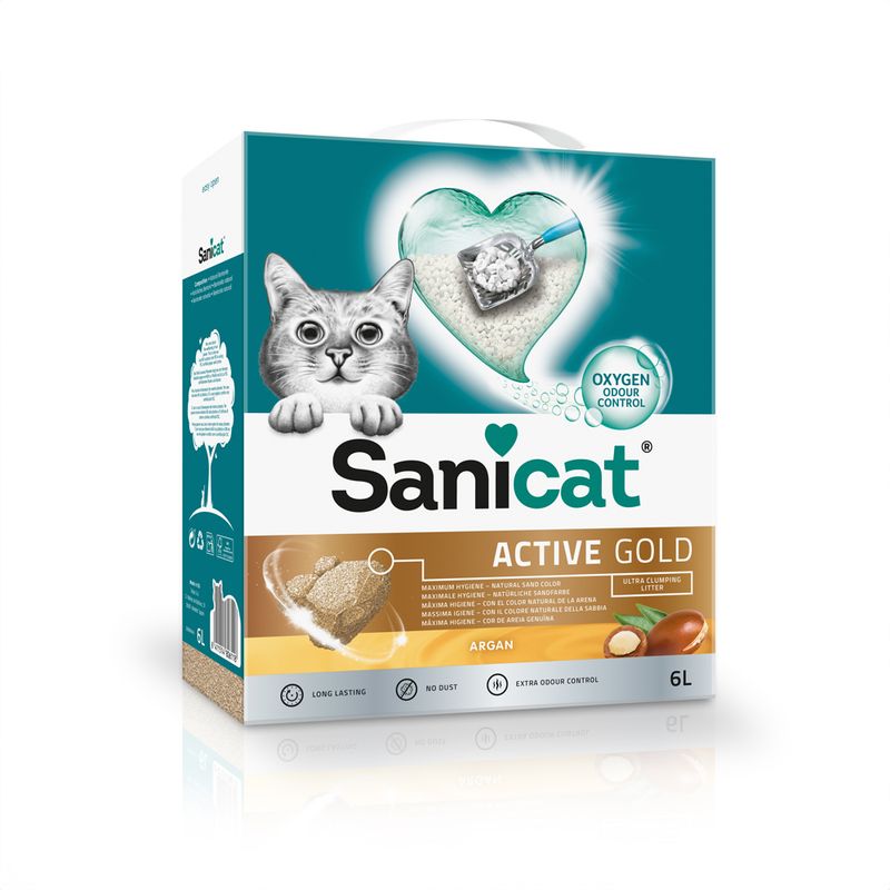 Sanicat Active Gold cat litter, 6L, with argan oil, maximum hygiene, natural sand colour, ultra clumping, odour binding, dust free.