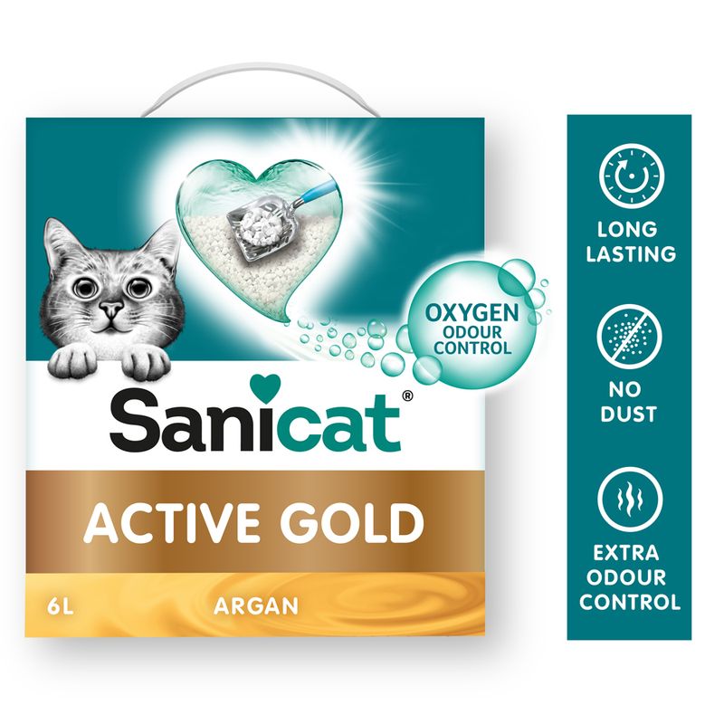 Sanicat Active Gold cat litter with argan, 6L. Features: Oxygen Odour Control, long lasting, no dust, extra odour control.