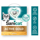 Sanicat Active Gold cat litter with argan, 6L. Features: Oxygen Odour Control, long lasting, no dust, extra odour control.