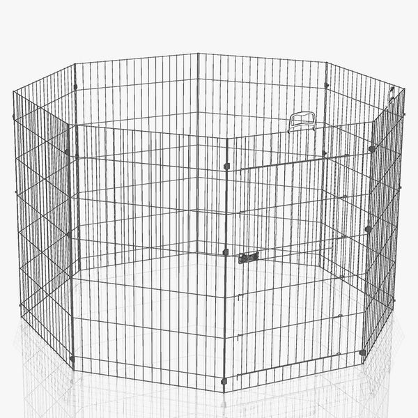 Eight-panel metal enclosure with mesh walls and door, suitable for pets. Sturdy construction with secure lock.