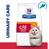 Hill's Prescription Diet c/d multicare stress food packaging with urinary care text and fish icon visible.