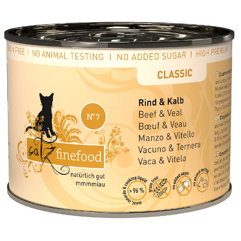 Catz finefood Classic No. 7, beef and veal, grain-free, no added sugar, no animal testing, 96% meat and cooking liquid.