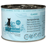 Catz Finefood Classic No. 13, herring & shrimps, naturally good, no added sugar, no animal testing, grain-free, over 95% fish content and cooking liquid.