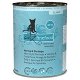 Catz Finefood Classic No. 13, herring & shrimps, no added sugar, grain-free, no animal testing, 95% meat content, made in Germany.
