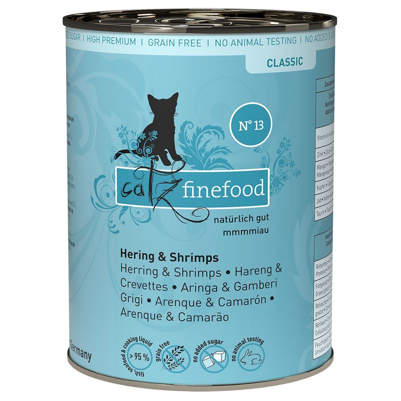 Catz Finefood Classic No. 13, herring & shrimps, no added sugar, grain-free, no animal testing, 95% meat content, made in Germany.