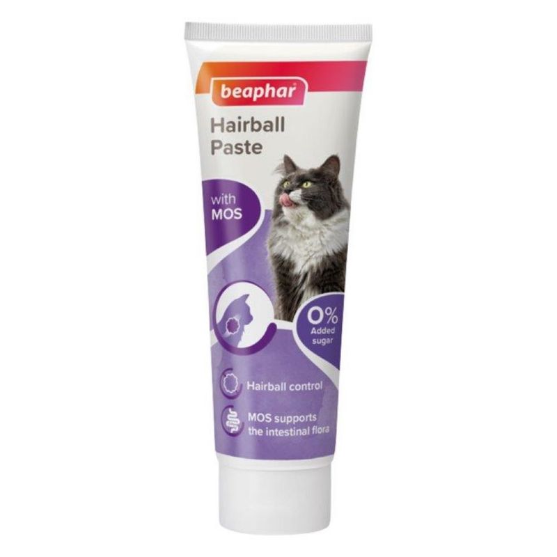 Tube labelled Hairball Paste with MOS, 0% added sugar, hairball control, and MOS supports the intestinal flora. Includes image of a cat and product branding.