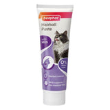 Tube labelled Hairball Paste with MOS, 0% added sugar, hairball control, and MOS supports the intestinal flora. Includes image of a cat and product branding.