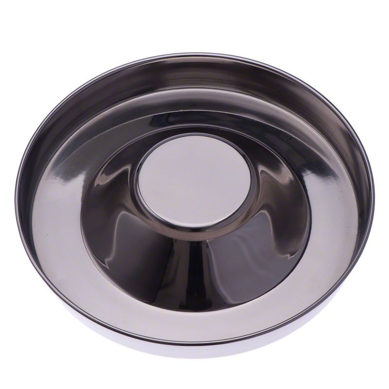 Round stainless steel bowl with raised centre, suitable for food or water.
