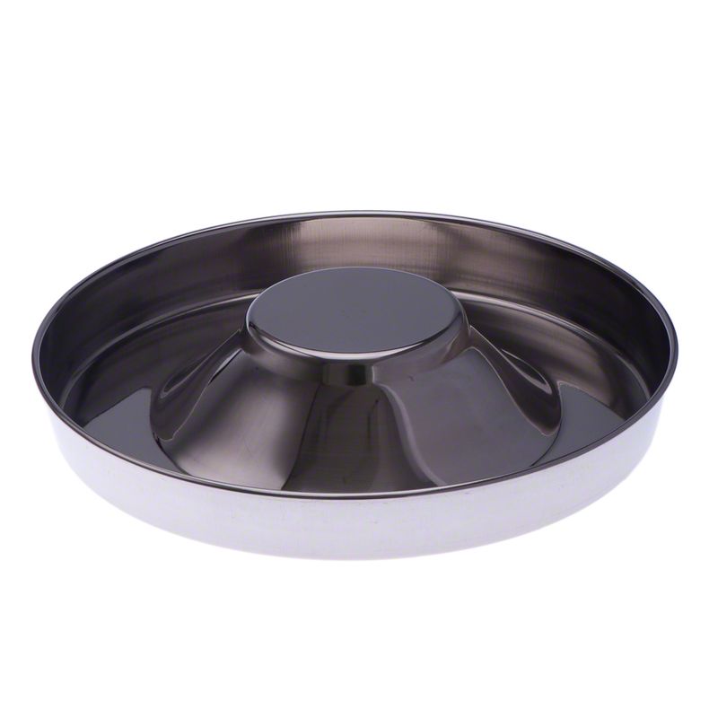Round stainless steel bowl with raised centre, suitable for even food distribution.