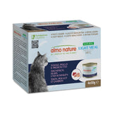 Almo Nature Natural Light Meal HFC, 4 light meals with tuna, chicken and ham, 4x50g. All profits for the planet. QR code visible.