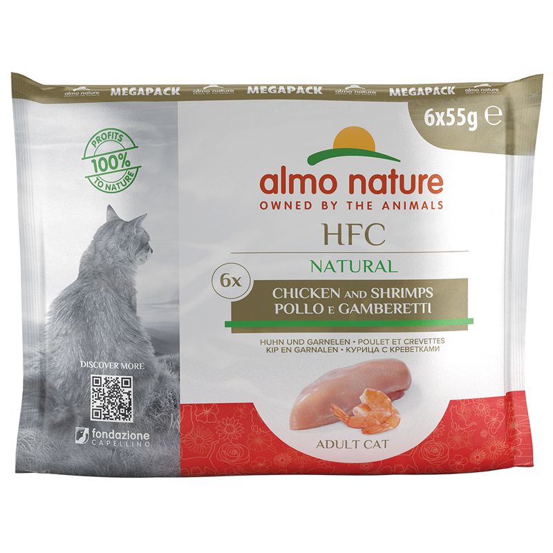 Almo Nature HFC Natural Megapack, 6x55g, adult cat, chicken and shrimp flavour. 100% of profits to nature. QR code for more information.