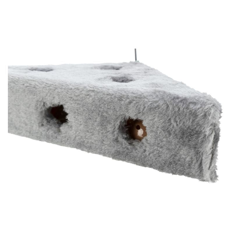 Grey, triangular toy with plush cover and holes showing small balls inside.