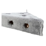 Grey, triangular toy with plush cover and holes showing small balls inside.