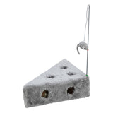 Grey cheese-shaped toy with holes and a hanging mouse on a rod. Interactive design for pets.