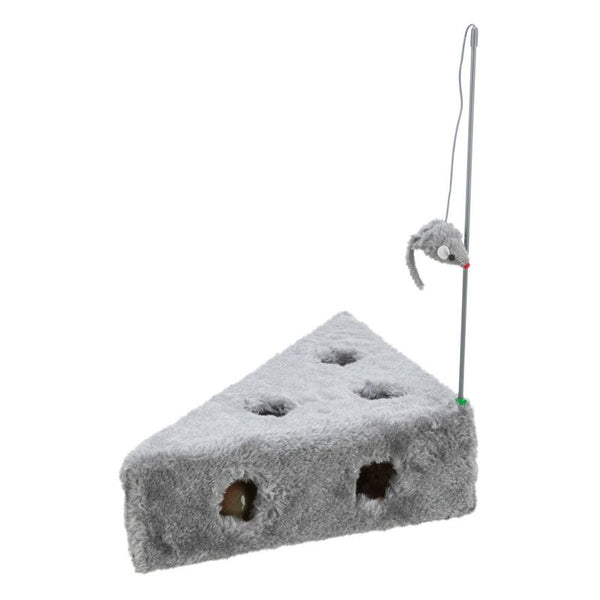 Grey cheese-shaped toy with holes and a hanging mouse on a rod. Interactive design for pets.