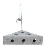 Grey toy with holes and a plush mouse on a rod, suitable for interactive play.