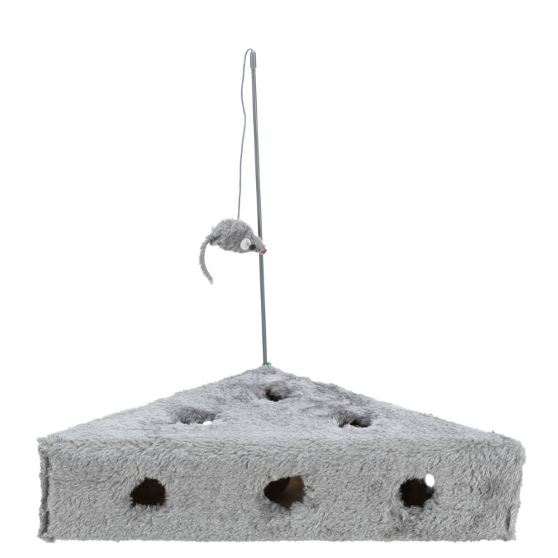 Grey toy with holes and a plush mouse on a rod, suitable for interactive play.