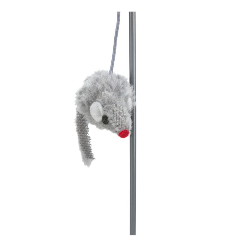 Grey toy in the shape of a mouse with a red nose and white ears, attached to a string.