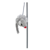 Grey toy in the shape of a mouse with a red nose and white ears, attached to a string.