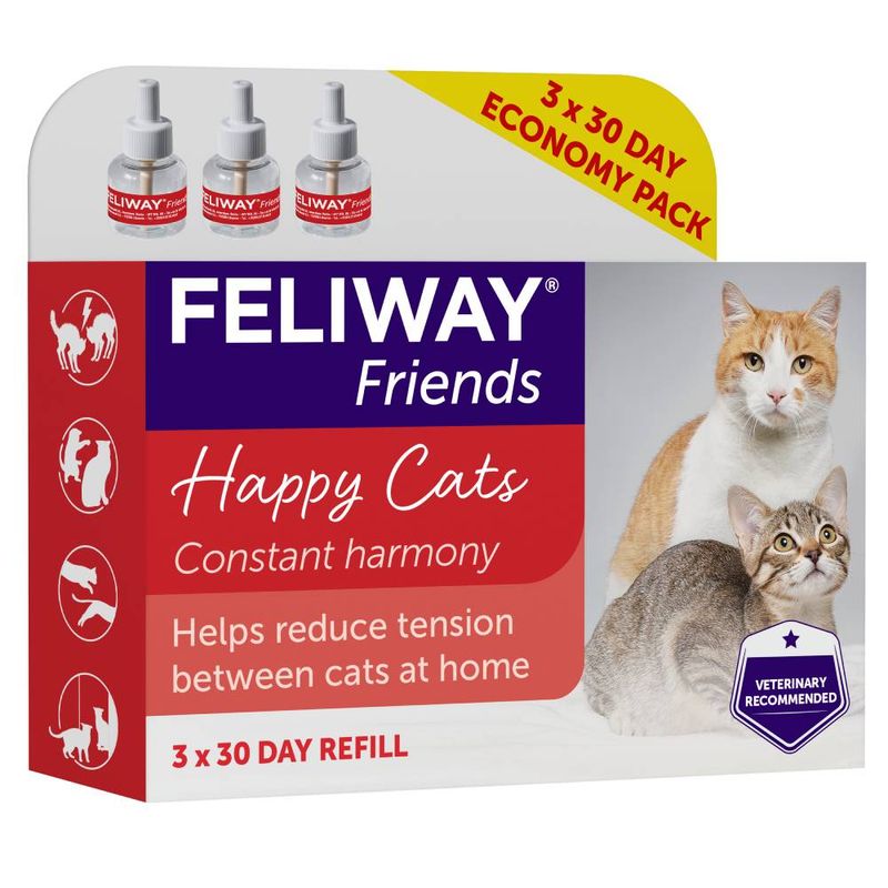 Feliway Friends 3 x 30 day refill pack. Helps reduce tension between cats at home. Veterinary recommended. Happy Cats, constant harmony.