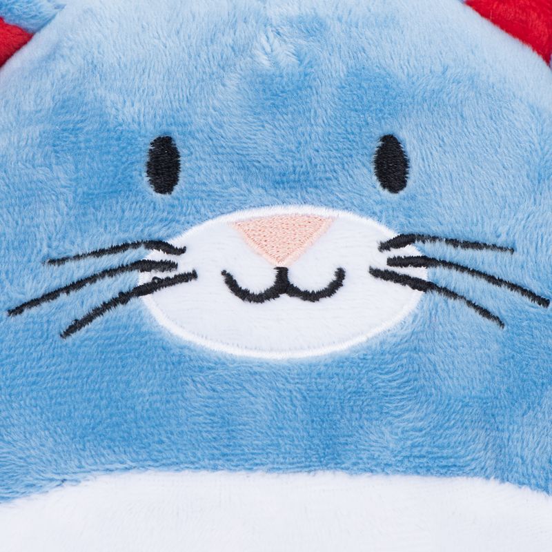 Plush material with embroidered face of a blue rabbit, pink nose and black whiskers.
