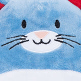 Plush material with embroidered face of a blue rabbit, pink nose and black whiskers.