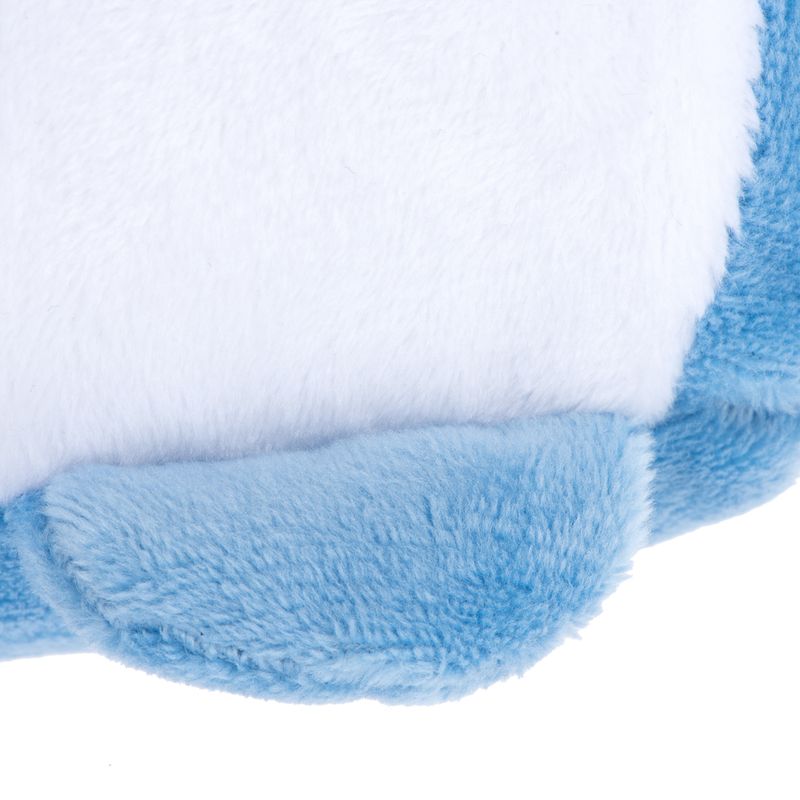 Close-up of white and blue plush material, possibly part of a toy or accessory.