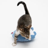 Young cat playing with a blue plush toy. Demonstration of using a cat toy.