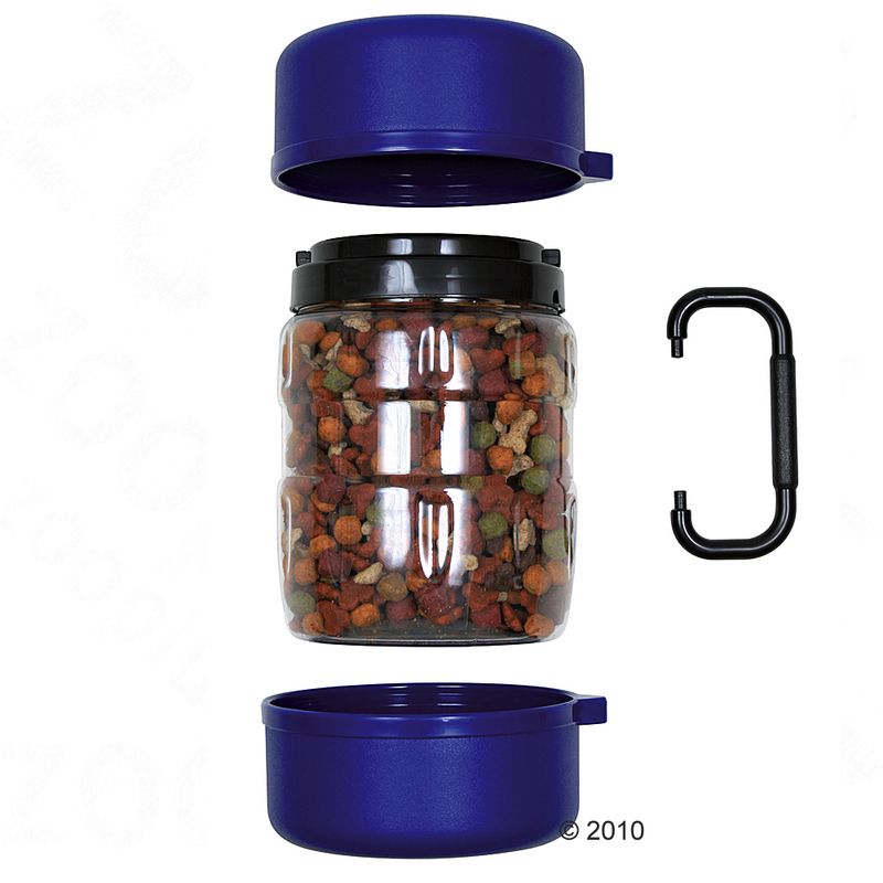 Transparent container with dry food, two blue lids and black carabiner. Accessory for storing pet food.