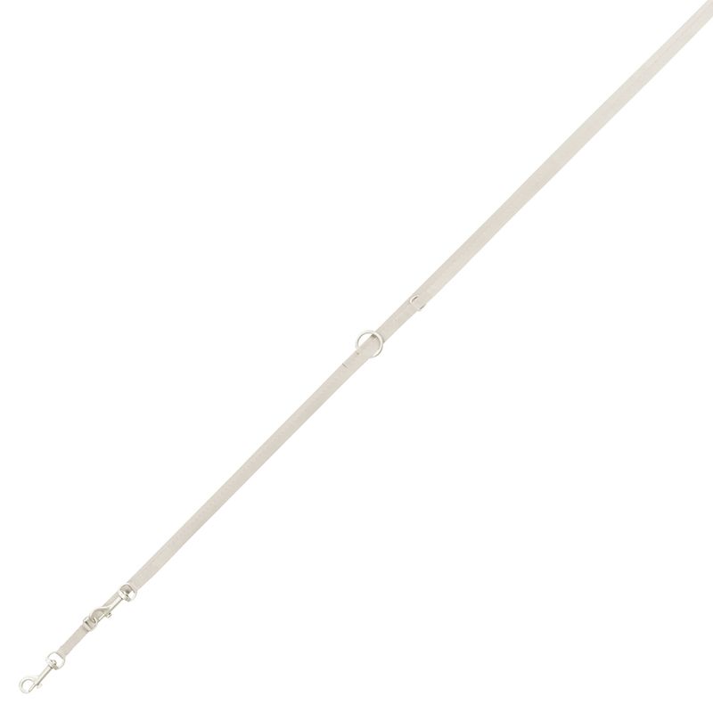 Adjustable beige lead with metal clips and a central ring, shown laid out flat to display length and attachment points.