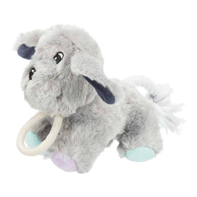 Grey plush dog-shaped toy with rope and ring, coloured paws in mint and purple.