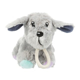 Grey plush toy in the shape of a dog with colourful paws and a beige chew rope around the neck.